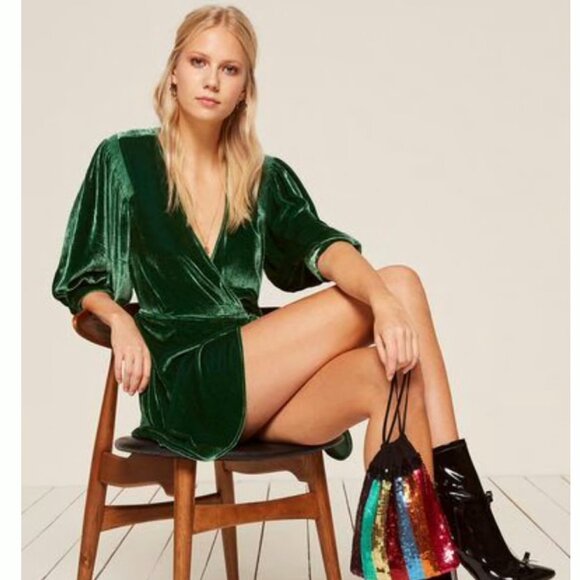Reformation Starry Velvet Long Sleeve Mini Wrap Dress - Picture 1 of 8